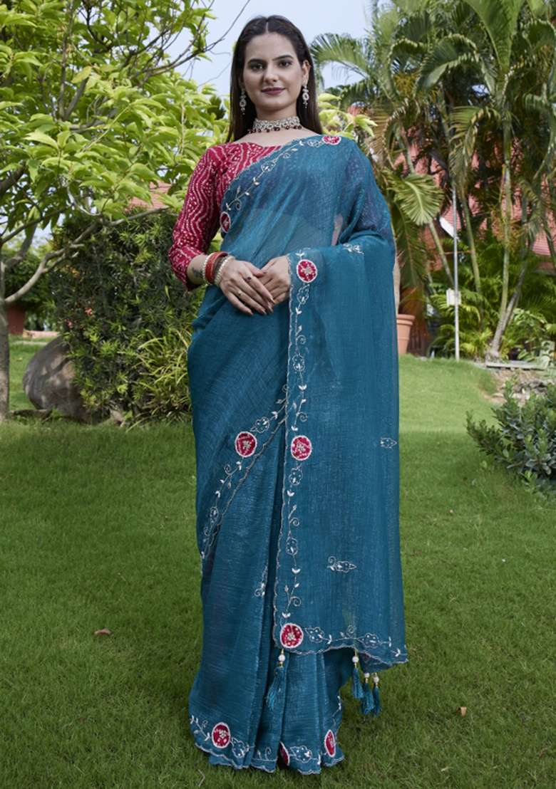 Blue Embroidered Chiffon Saree Set - Indya