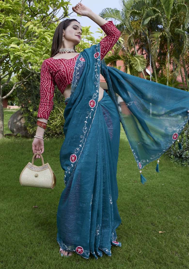 Blue Embroidered Chiffon Saree Set - Indya