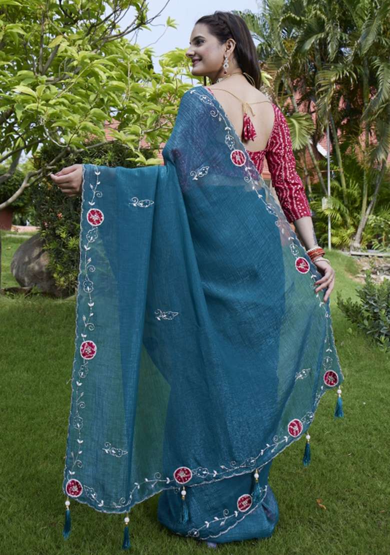 Blue Embroidered Chiffon Saree Set - Indya