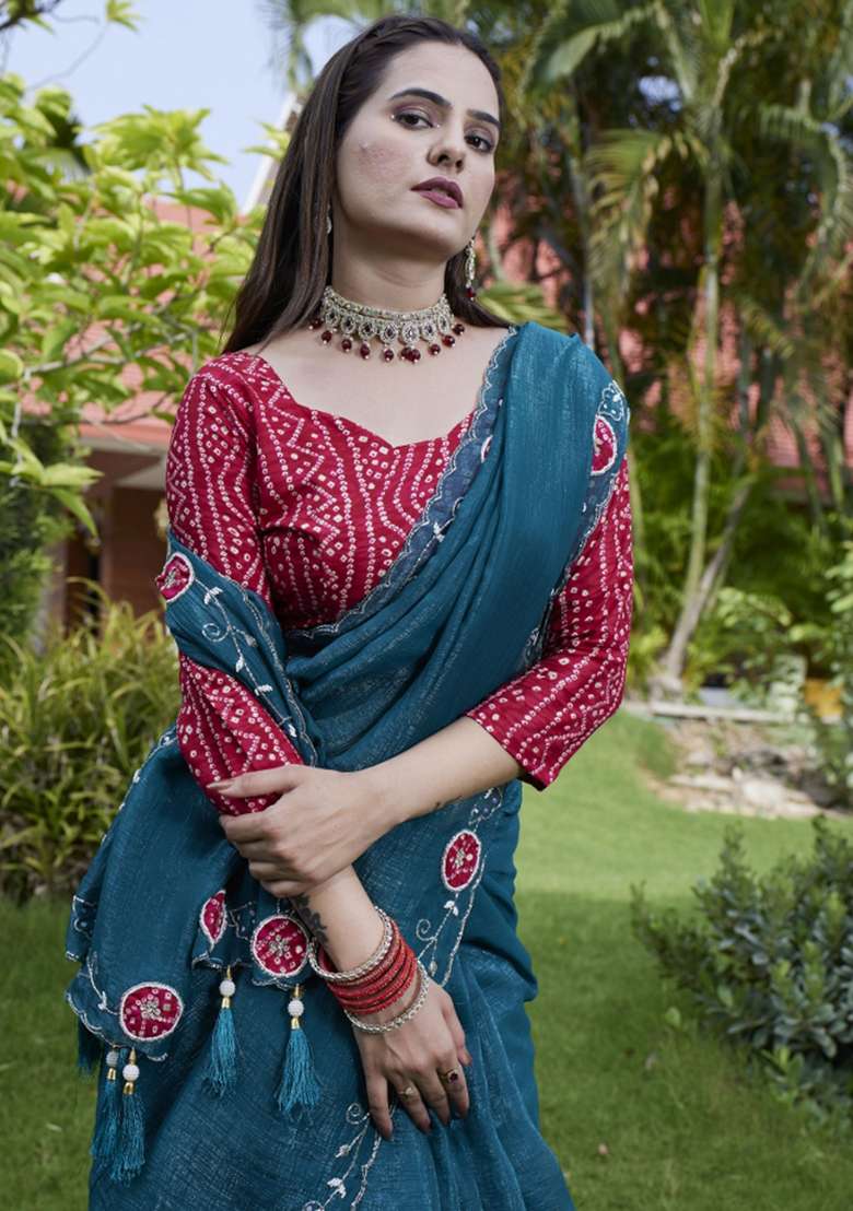 Blue Embroidered Chiffon Saree Set - Indya