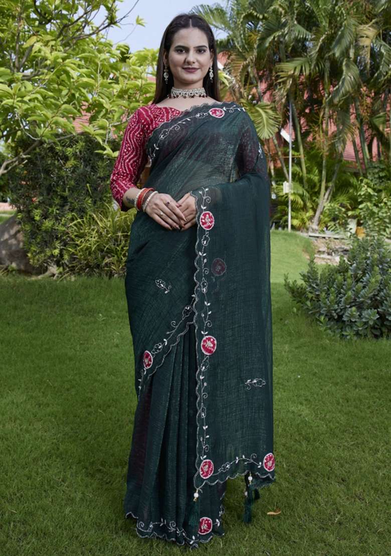 Green Embroidered Chiffon Saree Set - Indya