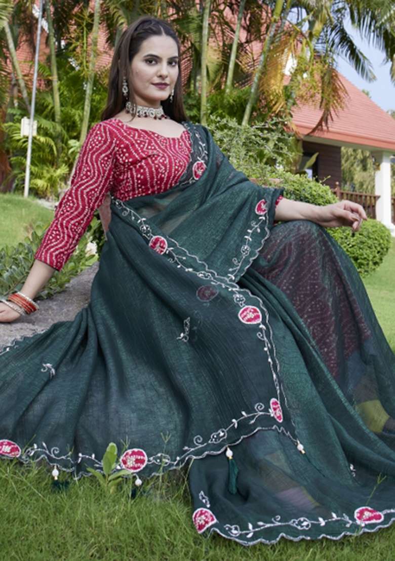 Green Embroidered Chiffon Saree Set - Indya