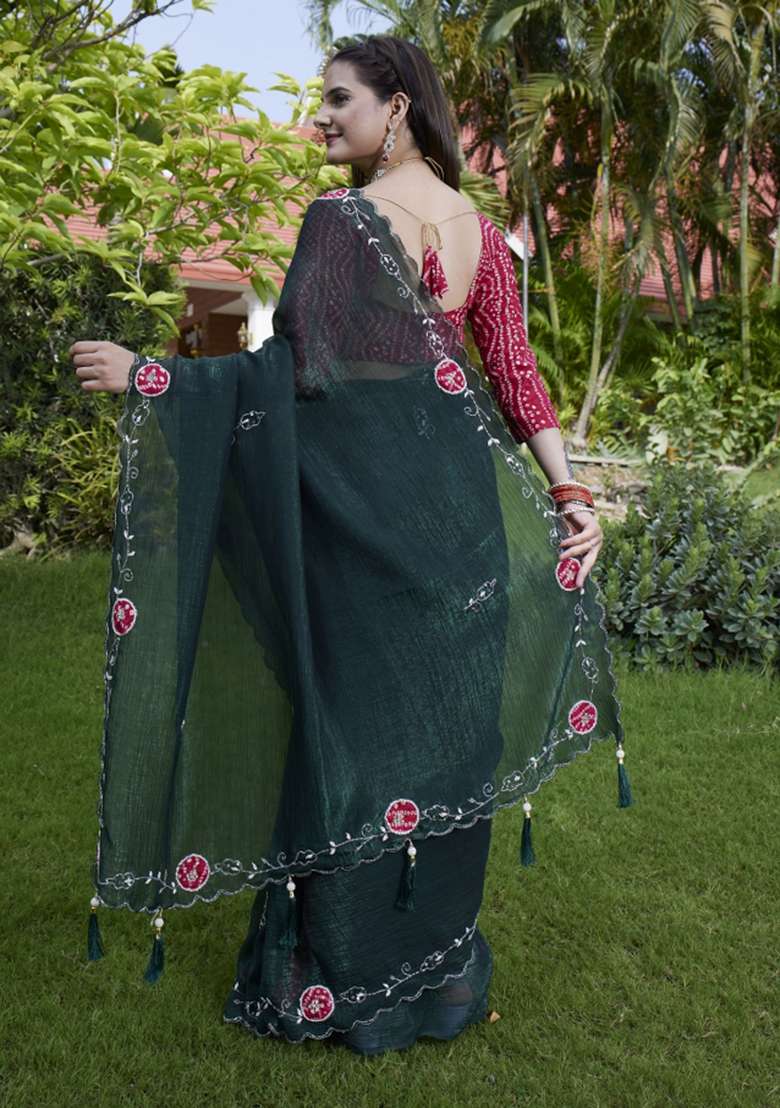 Green Embroidered Chiffon Saree Set - Indya
