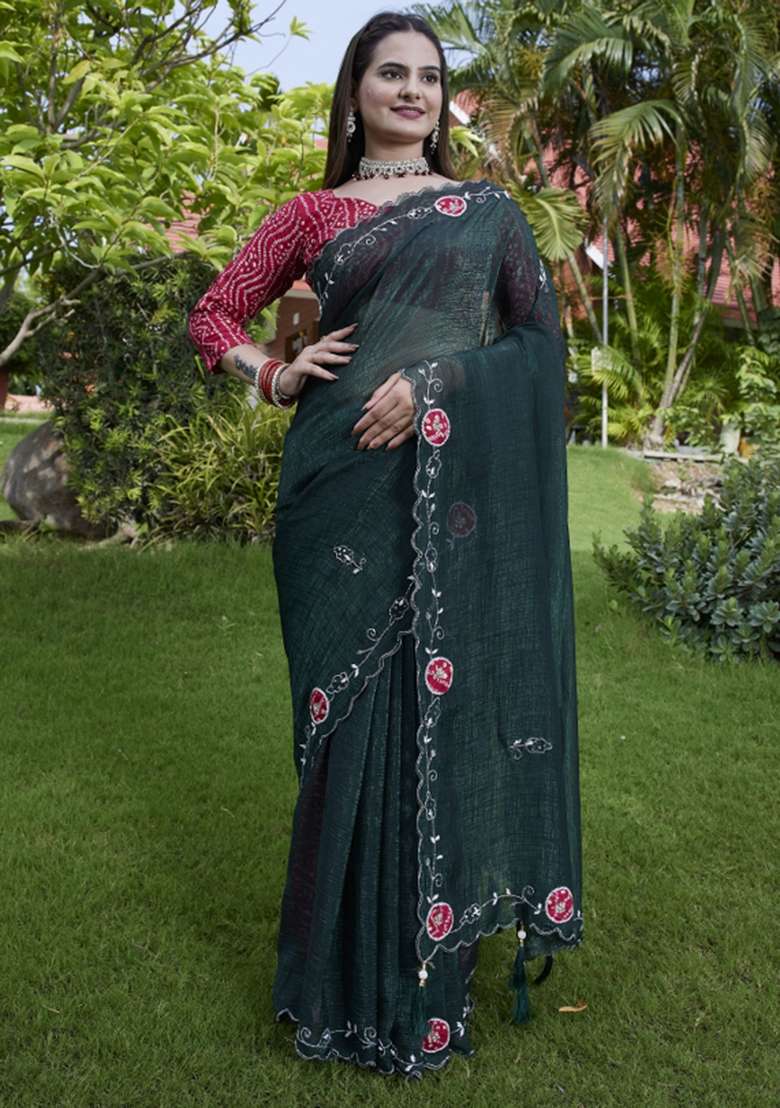 Green Embroidered Chiffon Saree Set - Indya