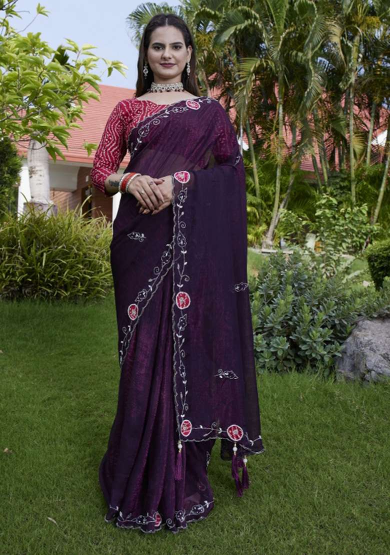 Purple Embroidered Chiffon Saree Set - Indya