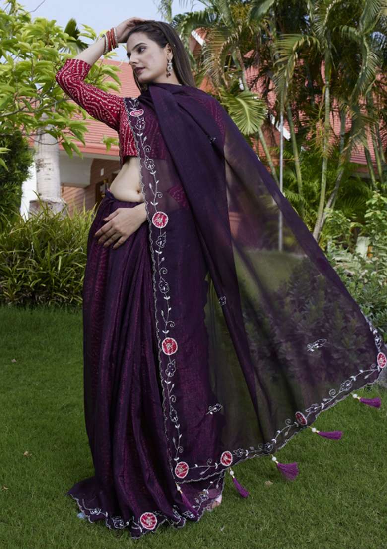 Purple Embroidered Chiffon Saree Set - Indya