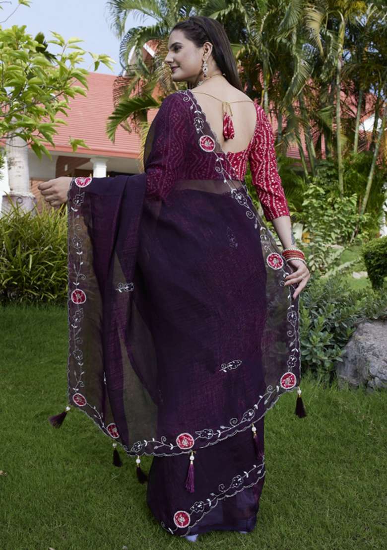 Purple Embroidered Chiffon Saree Set - Indya