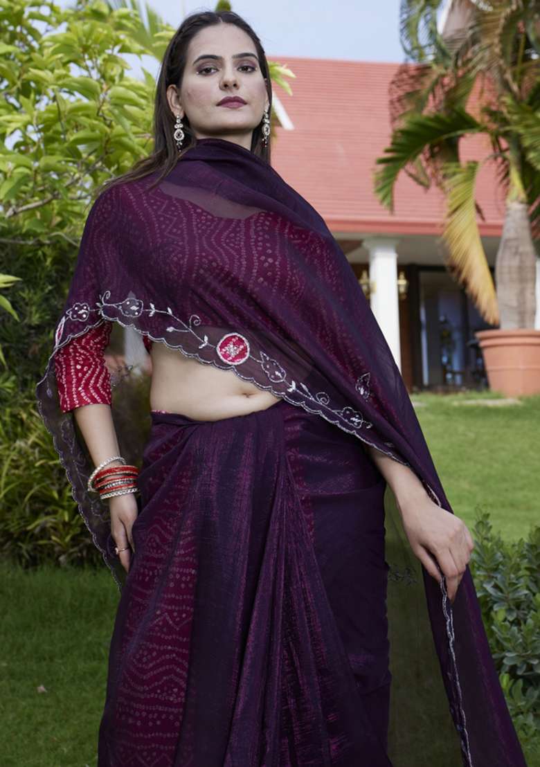 Purple Embroidered Chiffon Saree Set - Indya