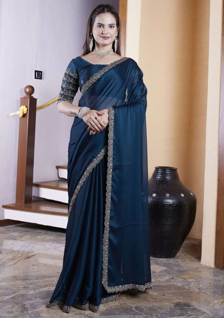 Blue Embroidered Chiffon Saree Set - Indya