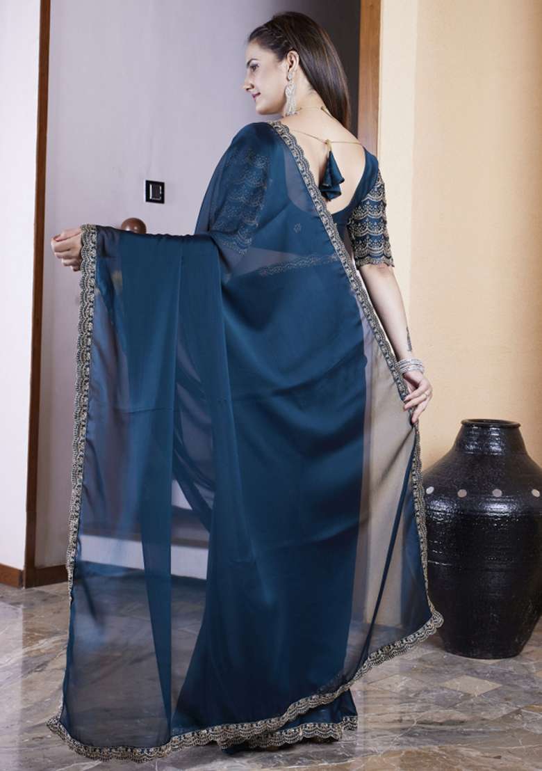 Blue Embroidered Chiffon Saree Set - Indya