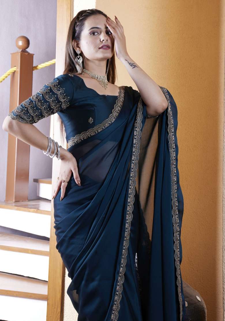 Blue Embroidered Chiffon Saree Set - Indya