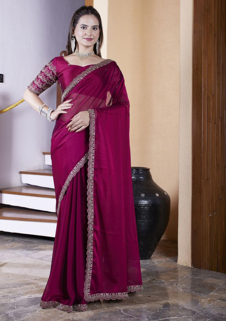 Maroon Embroidered Chiffon Saree Set
