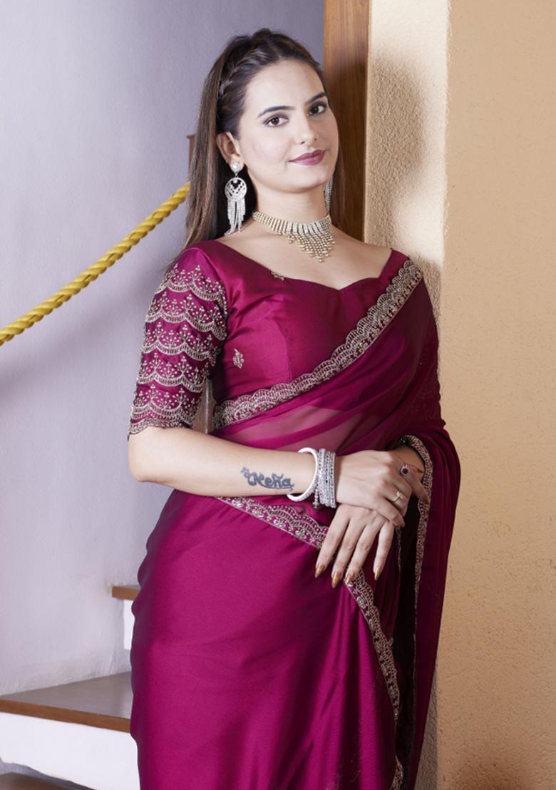 Maroon Embroidered Chiffon Saree Set