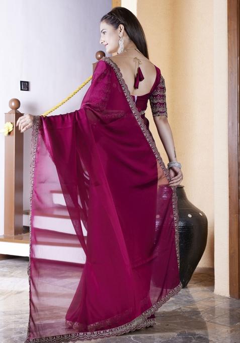Maroon Embroidered Chiffon Saree Set