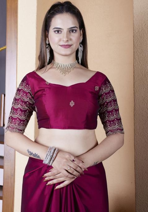 Maroon Embroidered Chiffon Saree Set