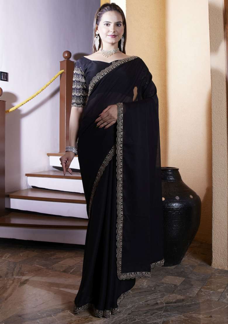 Black Embroidered Chiffon Saree Set - Indya