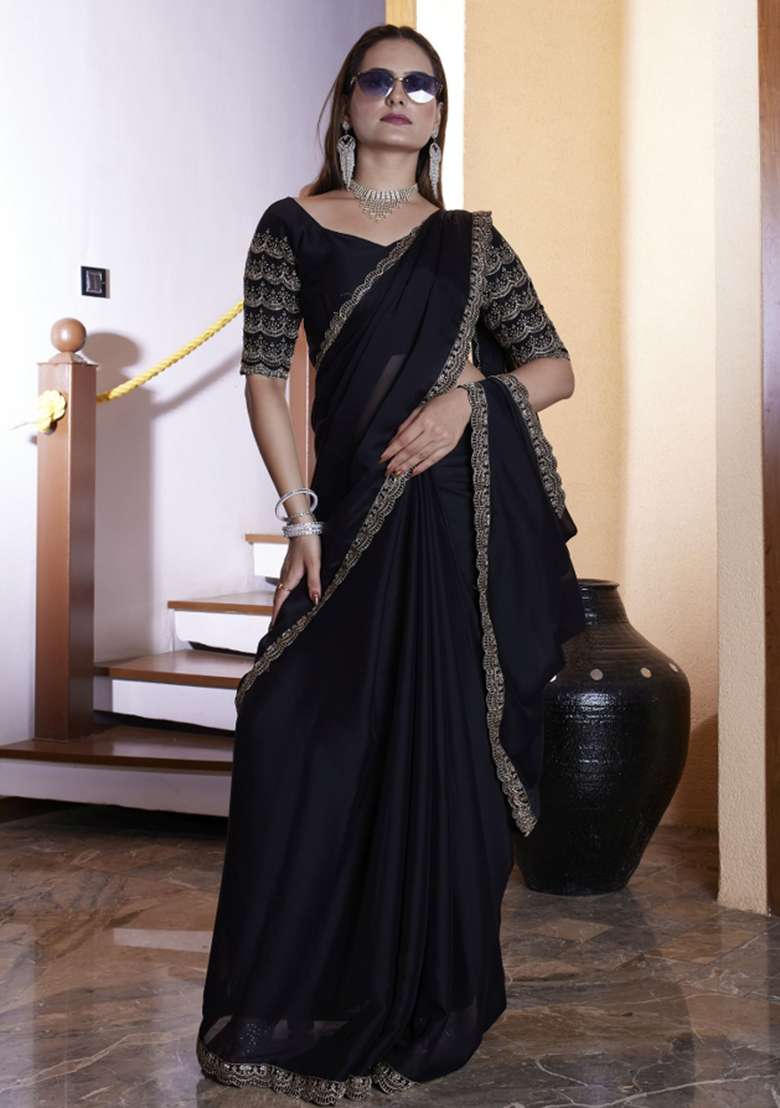 Black Embroidered Chiffon Saree Set - Indya