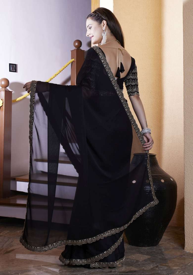 Black Embroidered Chiffon Saree Set - Indya