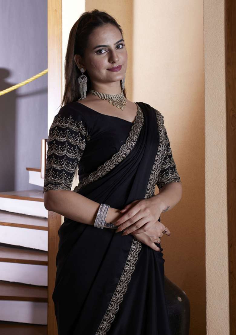 Black Embroidered Chiffon Saree Set - Indya