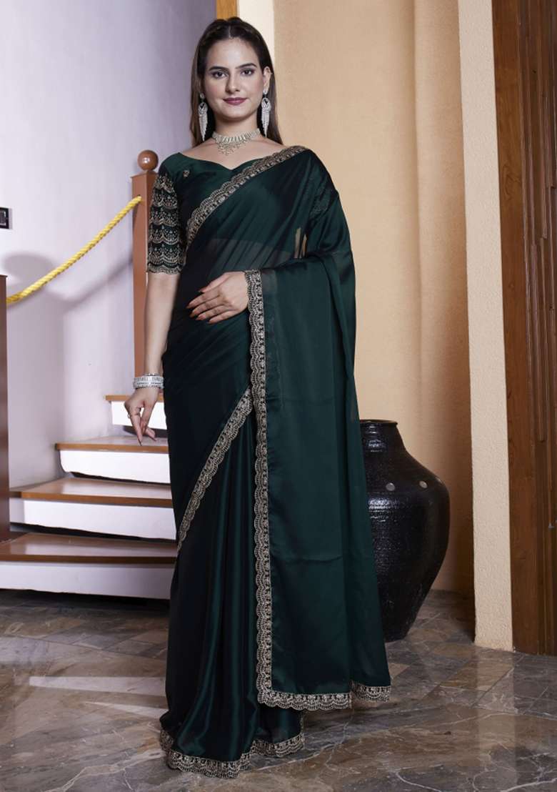 Green Embroidered Chiffon Saree Set - Indya