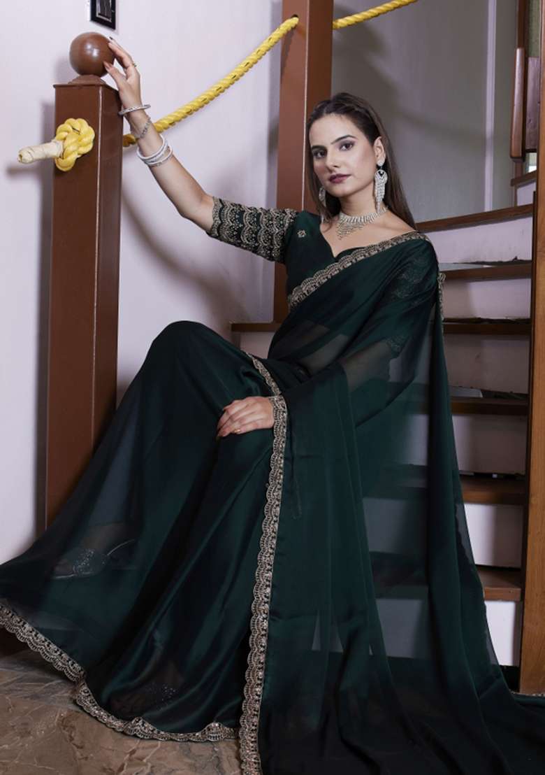 Green Embroidered Chiffon Saree Set - Indya