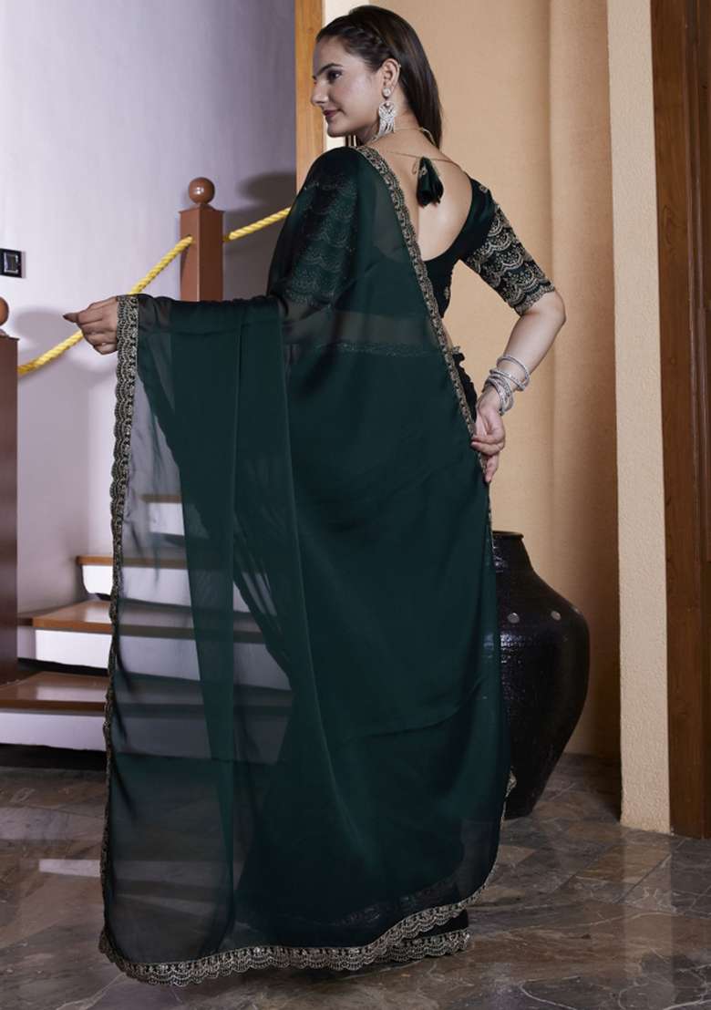 Green Embroidered Chiffon Saree Set - Indya