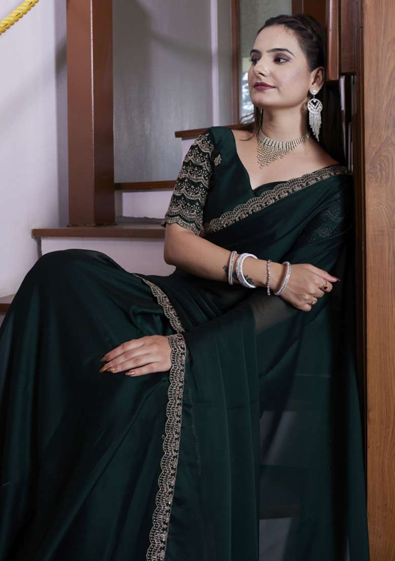 Green Embroidered Chiffon Saree Set - Indya