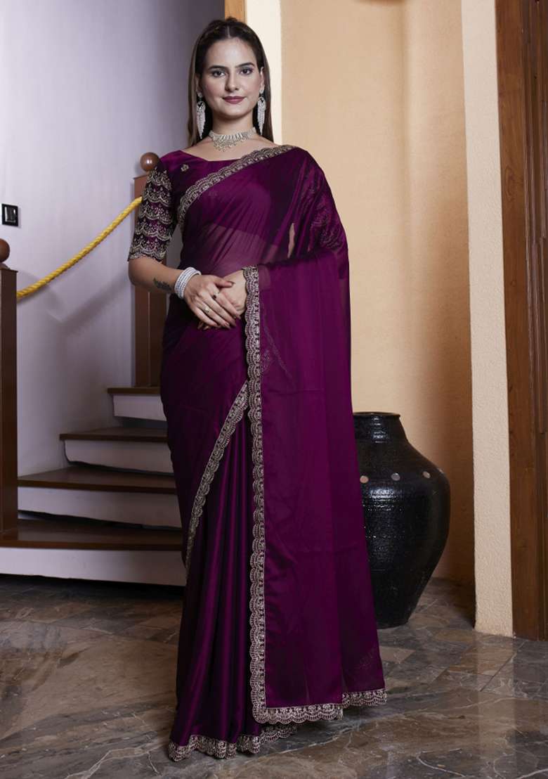 Purple Embroidered Chiffon Saree Set - Indya