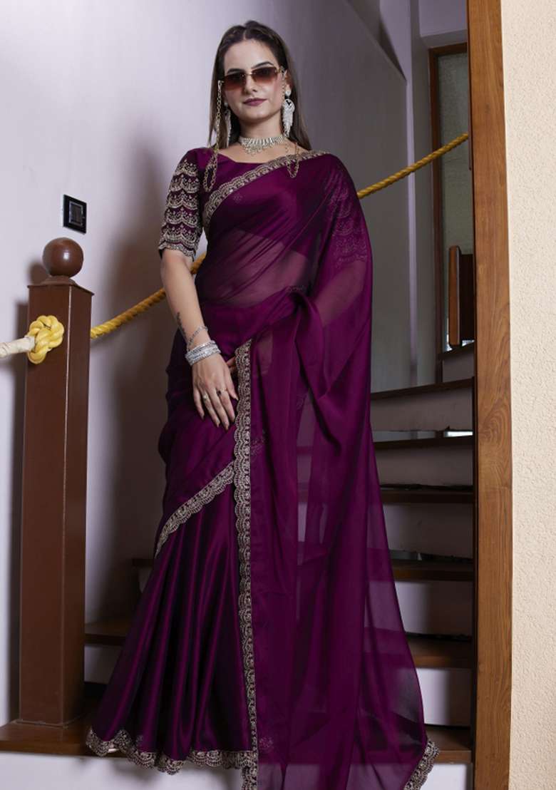 Purple Embroidered Chiffon Saree Set - Indya