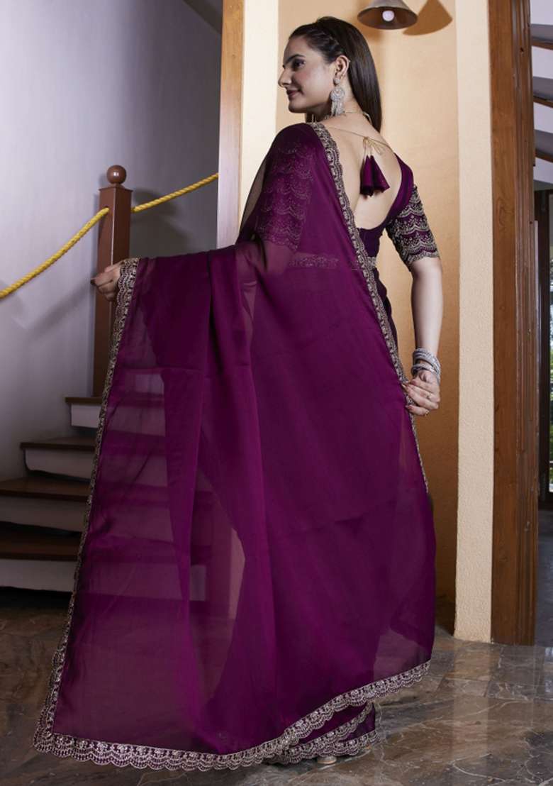 Purple Embroidered Chiffon Saree Set - Indya