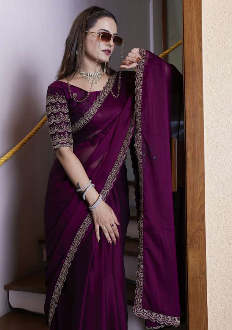 Purple Embroidered Chiffon Saree Set - Indya