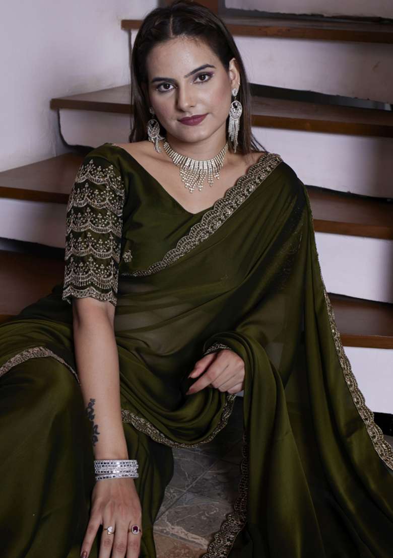Green Embroidered Chiffon Saree Set - Indya