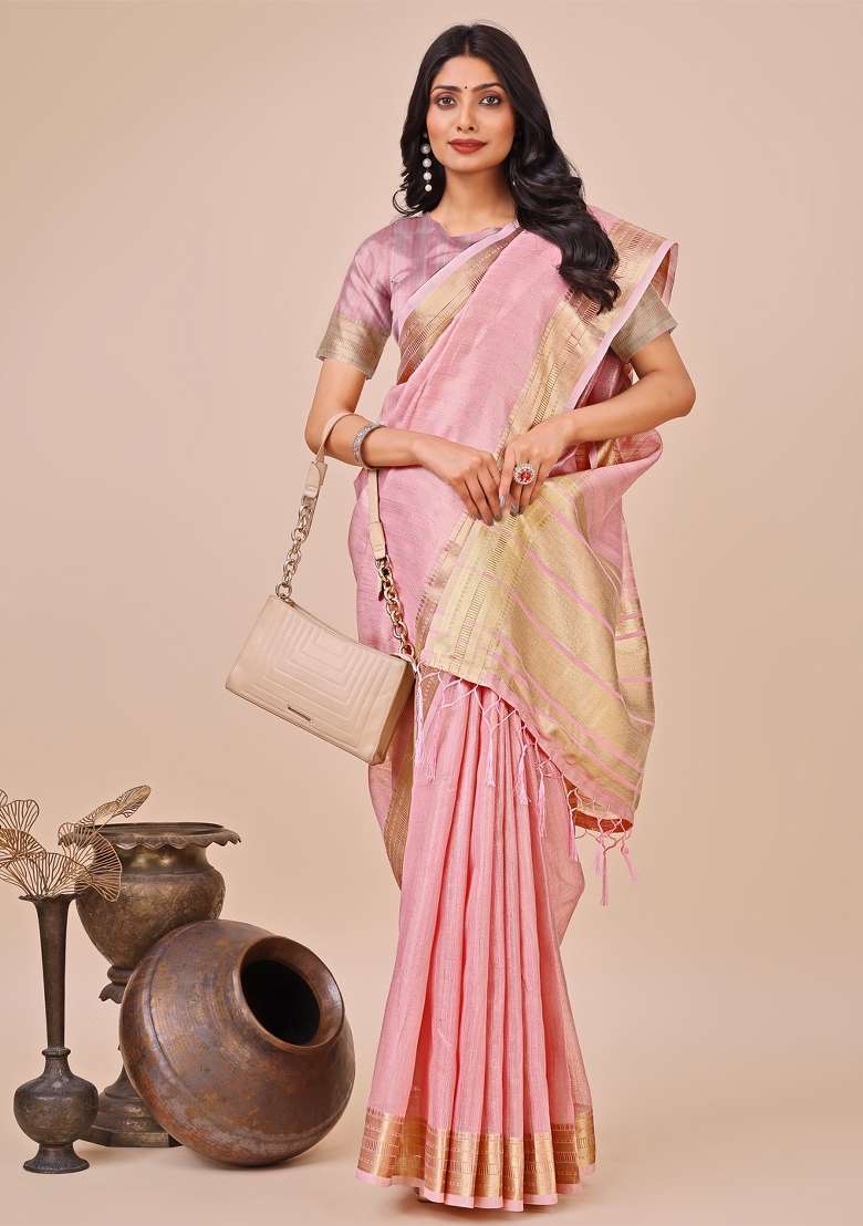 Pink Embroidered Organza Saree Set - Indya