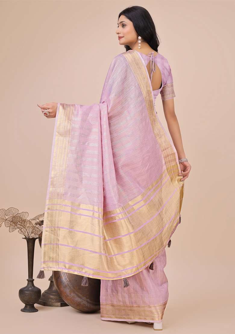 Purple Embroidered Organza Saree Set - Indya