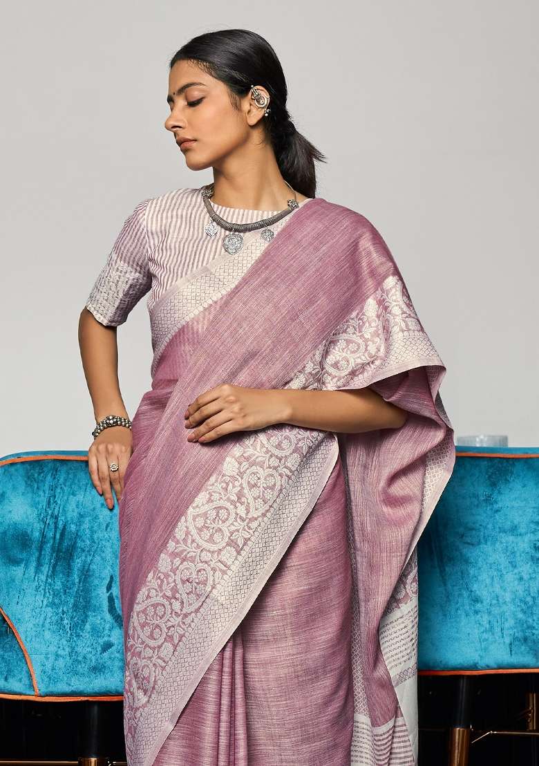 Purple Embroidered Linen Saree Set - Indya