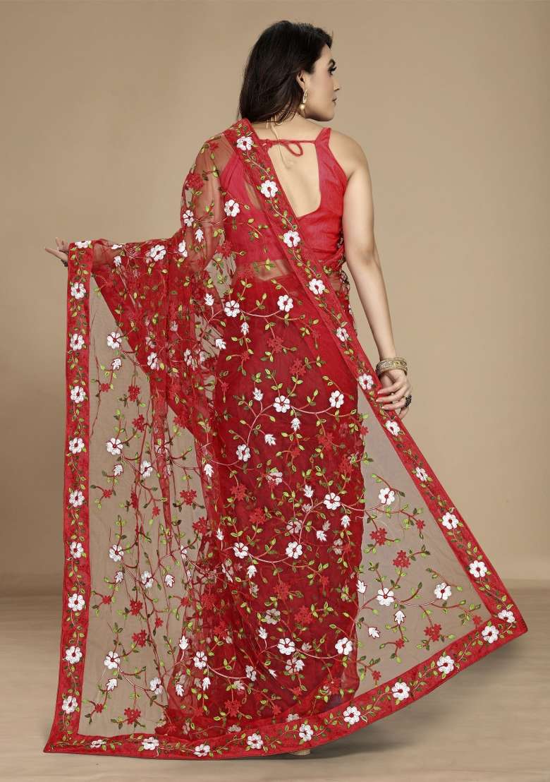 Red Embroidered Net Saree Set - Indya