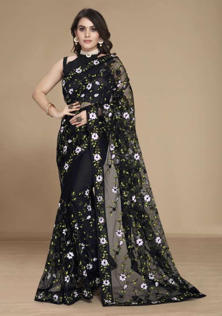 Black Embroidered Net Saree Set - Indya