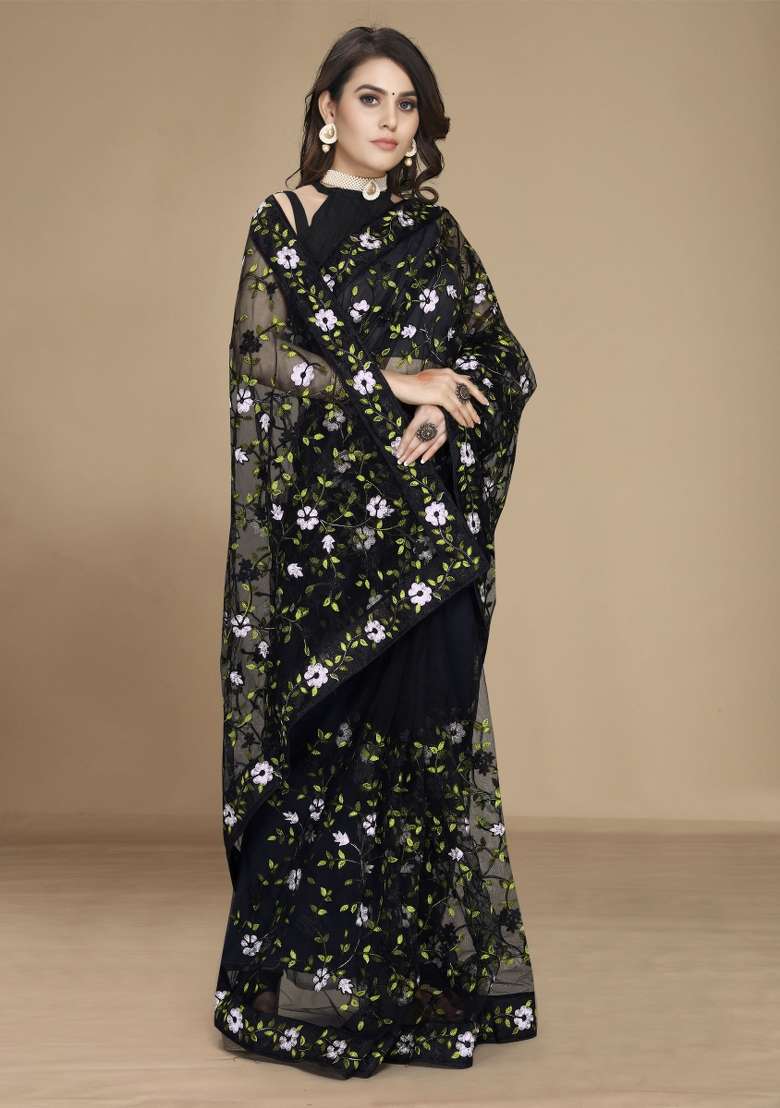 Black Embroidered Net Saree Set - Indya