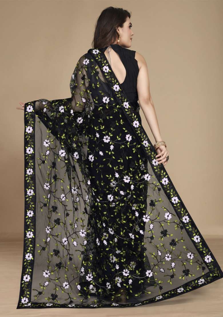 Black Embroidered Net Saree Set - Indya