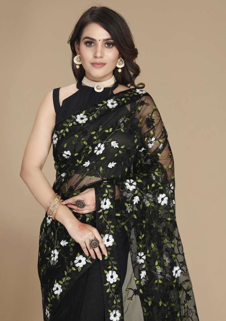 Black Embroidered Net Saree Set - Indya