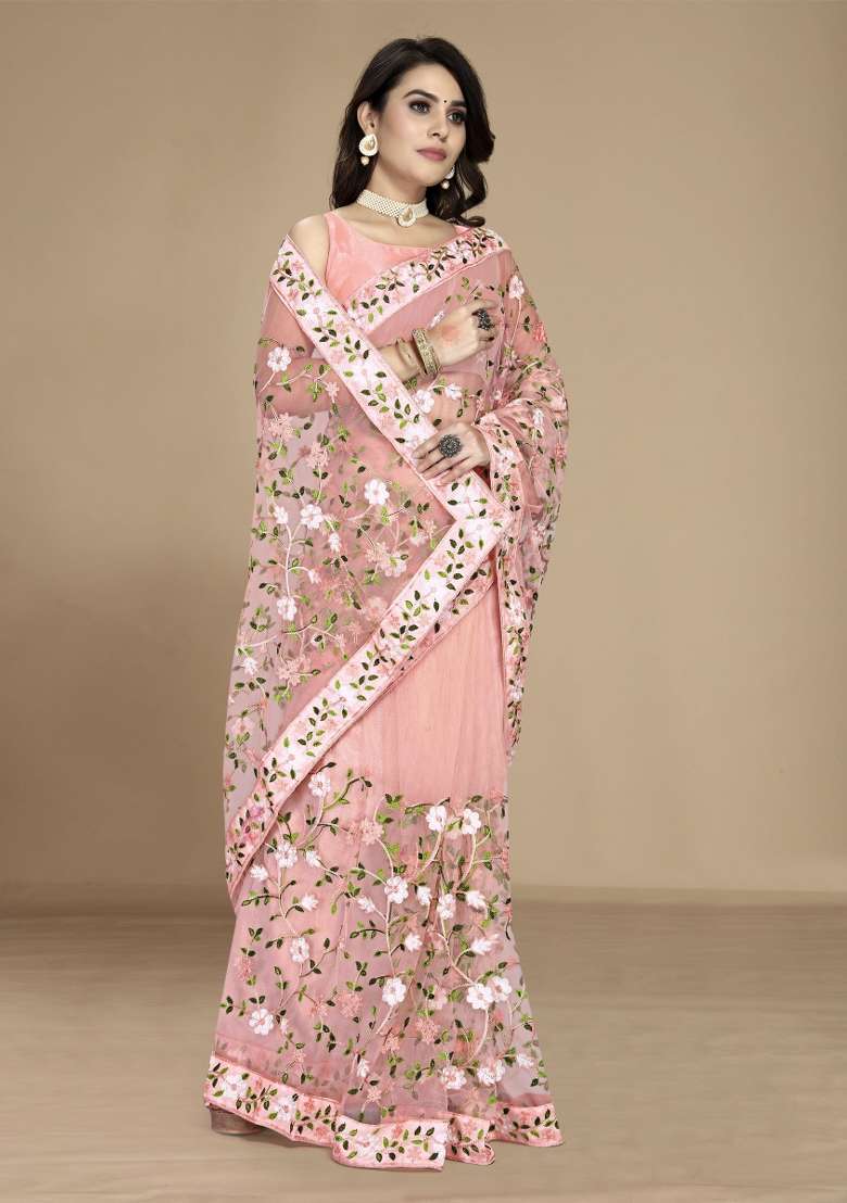 Peach Embroidered Net Saree Set - Indya