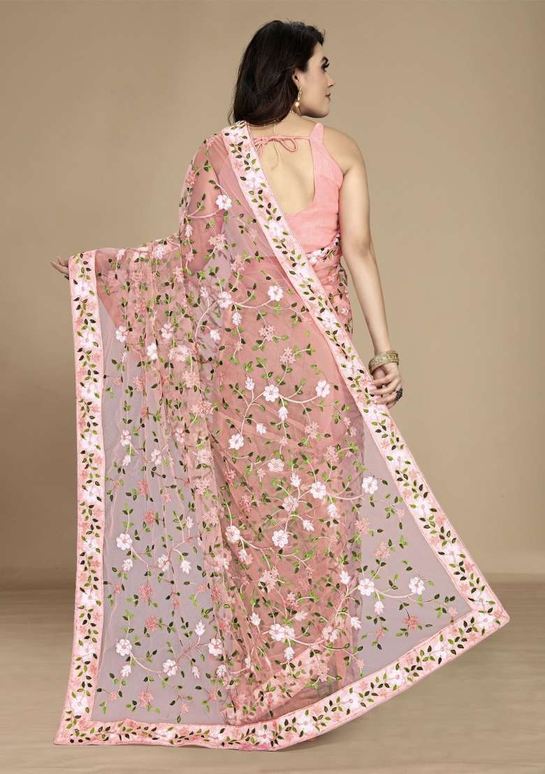 Peach Embroidered Net Saree Set - Indya