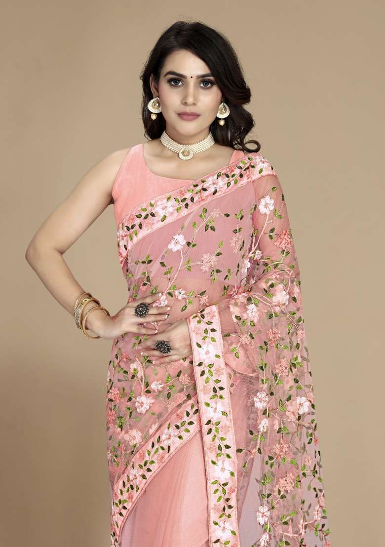 Peach Embroidered Net Saree Set - Indya
