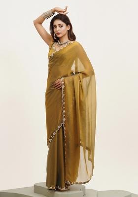 Yellow Embroidered Satin Saree Set