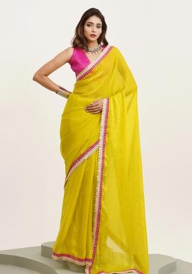 Yellow Embroidered Satin Saree Set