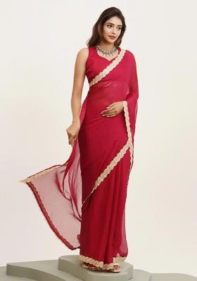 Red Embroidered Chiffon Saree Set