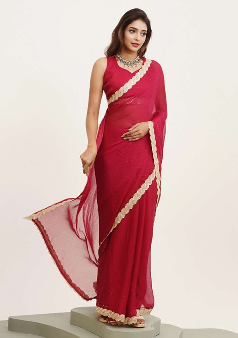Red Embroidered Chiffon Saree Set - Indya
