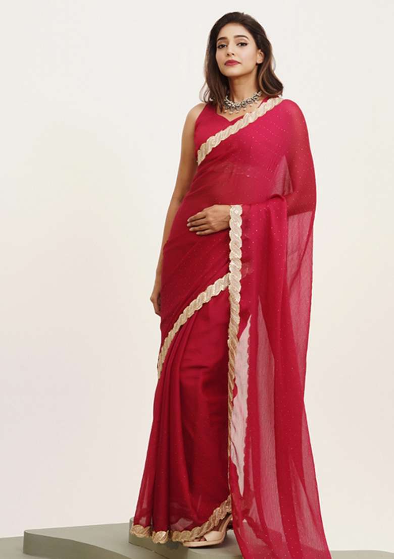 Red Embroidered Chiffon Saree Set - Indya