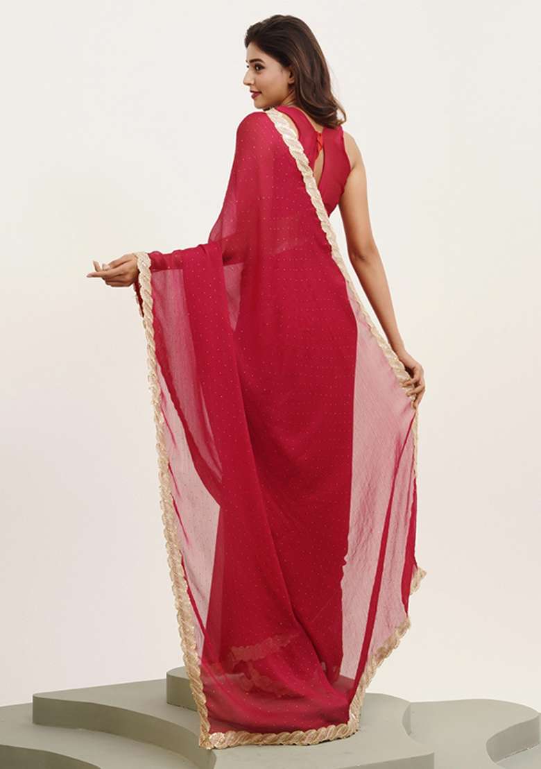 Red Embroidered Chiffon Saree Set - Indya