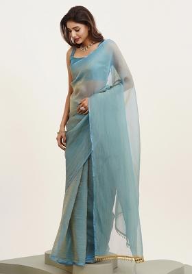Blue Embroidered Satin Saree Set